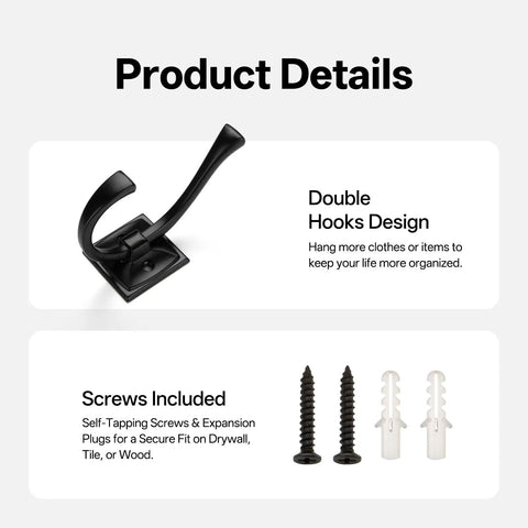 5 Pack Square Coat Hooks Wall Mounted Towel Hooks Shower Hooks For Bathroom Heavy Duty Double Hooks Black Finish Keep Your Space Clutter Free With Strong Durable Hangers For Coats Bags Hats And Robes. black double hook with screws and anchors included