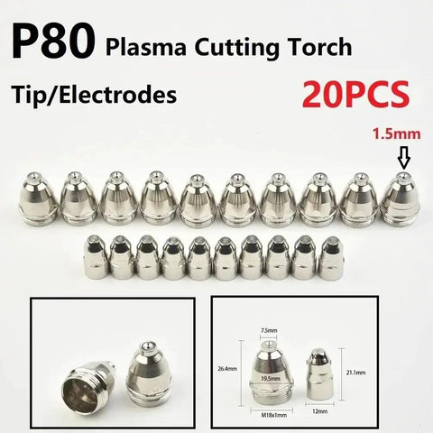 Premium 20 Pc P80 Plasma Cutter Electrodes Nozzles And Tips For CNC Machines With Copper Shield High Conductivity 1.5mm tips shown.