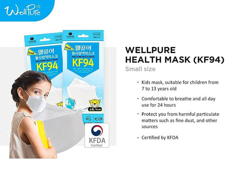 KF94 Kids Masks Small Size 4 Layer Protection 30 Pack Daily Disposable Made In Korea, packaging and kid wearing mask