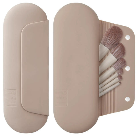 Silicone Makeup Brush Holder Travel Cosmetic Bag With Magnetic Closure Soft Portable Case For Face Brushes, walnut color