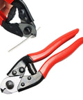 Beefy Heavy Duty Stainless Steel Cable Cutter for Wire Rope Up To Five Thirty Second Inch with red handles cutting cable