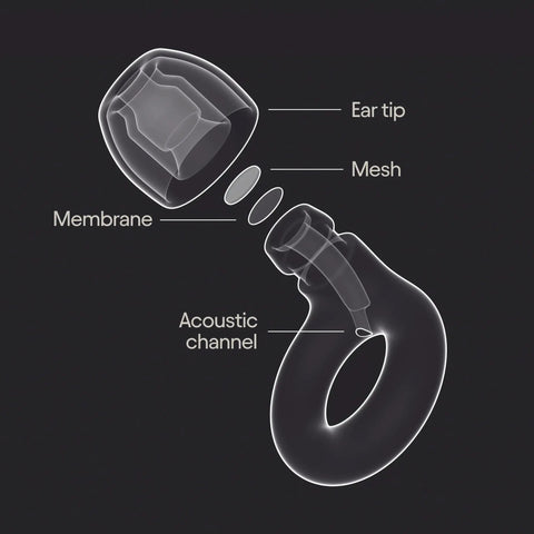 Exploded view of Experience 2 Ear Plugs For Concerts And Festivals showing ear tip, mesh, membrane, and acoustic channel.