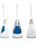 Top Shelf Toilet Plunger With No Drip Carrying Caddy And Suction Lock Seal That Kicks Gnarly Drain Clogs Swift While Preserving Your Restroom From Messy Splash Back During Routine Home Care Tasks, featuring blue rubber cup in white holder.