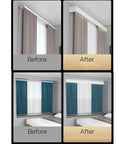 Silent Double Track Baffle Curtain Rail With Slick Slimline Pelmet And Butter Smooth Glide Pulleys Zero Hassle Install Ideal For Heavy Duty Blackout Drapes Total Room Upgrade White 370 Cm before and after curtain installation comparison.