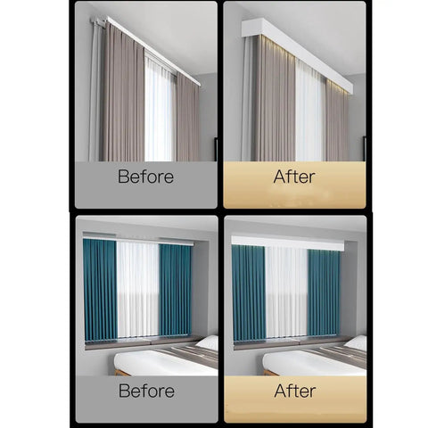 Silent Double Track Baffle Curtain Rail With Slick Slimline Pelmet And Butter Smooth Glide Pulleys Zero Hassle Install Ideal For Heavy Duty Blackout Drapes Total Room Upgrade White 370 Cm before and after curtain installation comparison.