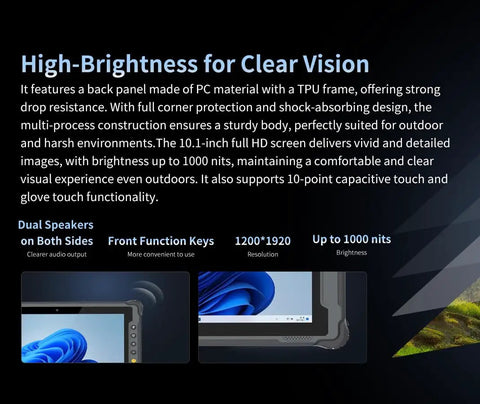 High-brightness rugged tablet featuring 10.1-inch FHD screen, PC material with TPU frame, dual speakers, and glove touch support.