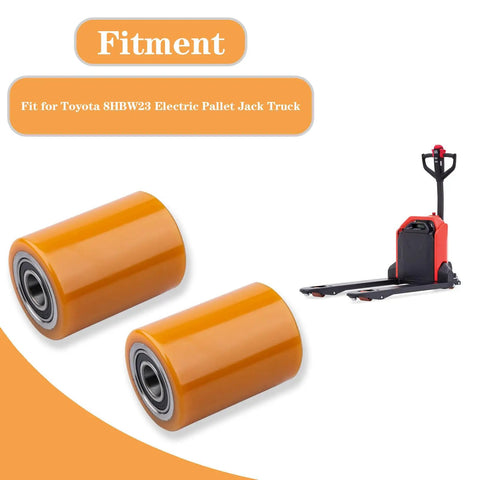 Premium GYUPTRK Load Wheel Kit For Toyota 8HBW23 Electric Pallet Jack Truck, 2 pack polyurethane wheels, orange treads.