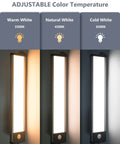 35 LED Under Cabinet Lights Wireless Motion Sensor With 3 Color Temperatures USB C Rechargeable Stepless Dimming Indoors showing warm, natural, cold white