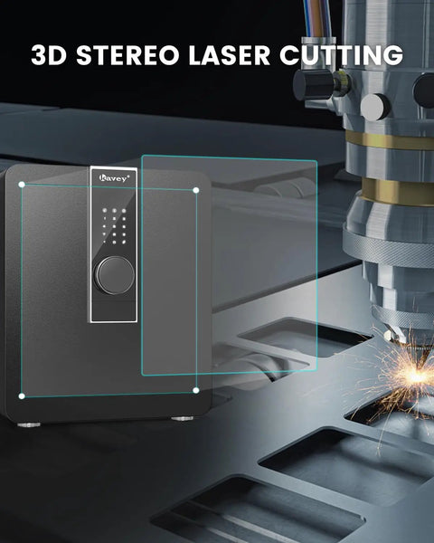 1.8 Cu Ft Fireproof Home Safe Box With LCD Touch Screen next to 3D stereo laser cutting machine.