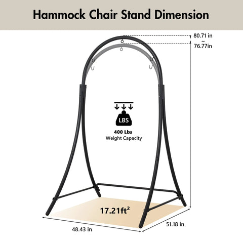 Diagram of Heavy Duty Hammock Chair Swing Stand Only With Adjustable Height For Indoor Or Outdoor Use Sturdy As Heck Safety Hooks Supports Up To 400 Lbs Plus Size Version Black, showing dimensions and weight capacity.