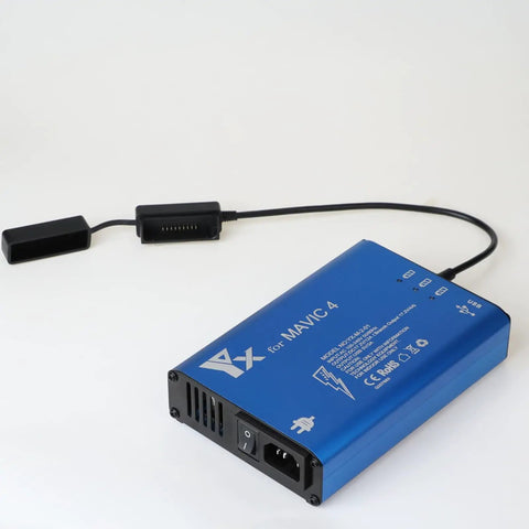 Mavic 4 Pro Drone Battery Charger Hub 5 in 1 Fast Charge Station, blue unit with cable, side view, on white background.