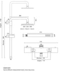 Rock Solid Matte Black Rainfall Shower Head System With Easy Thermostatic Temp Control and detailed measurements diagram.