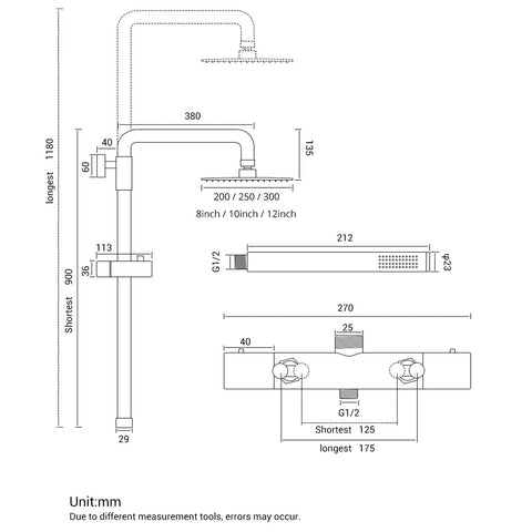 Rock Solid Matte Black Rainfall Shower Head System With Easy Thermostatic Temp Control and detailed measurements diagram.