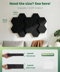 Professional Grade MLV Backed Dual Thickness Sound Proof Foam Panels Hexagon Acoustic Wall Tiles sizes displayed on wall with dimensions.