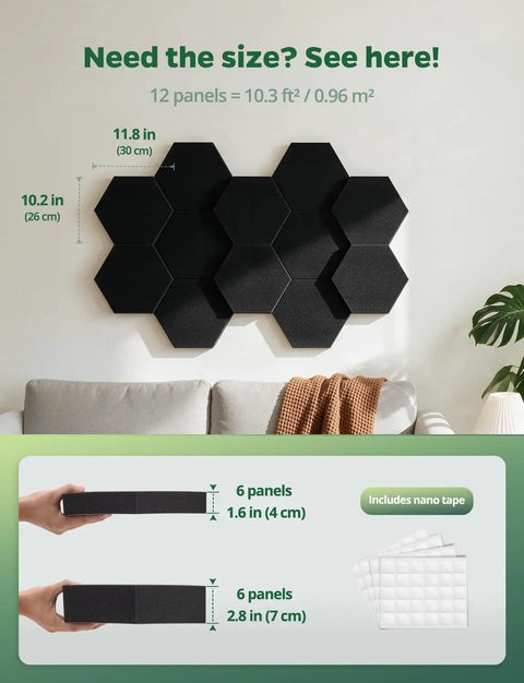 Professional Grade MLV Backed Dual Thickness Sound Proof Foam Panels Hexagon Acoustic Wall Tiles sizes displayed on wall with dimensions.
