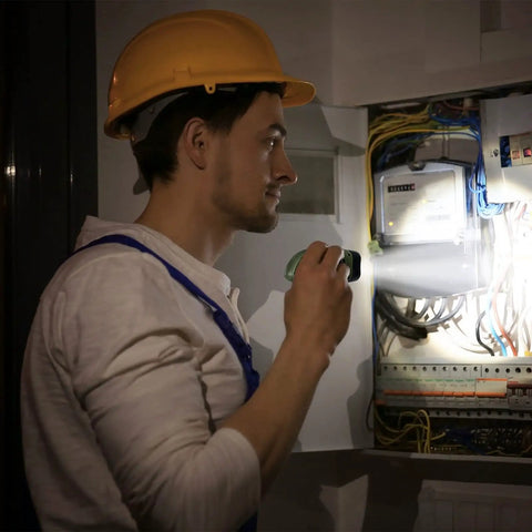 Worker using Six Pack Hand Crank Solar Powered Led Flashlights For Emergency Use near electrical panel indoors.