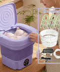 No Hustle Foldable Washing Machine With Three Deep Clean Settings And Super Chill Spin Dry For Socks Clothes Towels And Delicates Portable Half Automatic Mini Washer Easy Everyday Routine, purple, with clothes in the wash tub.