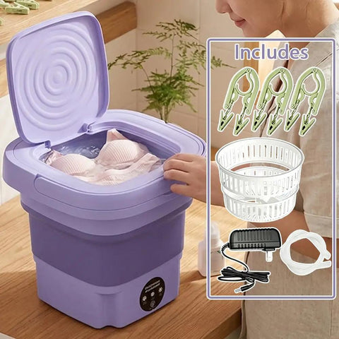 No Hustle Foldable Washing Machine With Three Deep Clean Settings And Super Chill Spin Dry For Socks Clothes Towels And Delicates Portable Half Automatic Mini Washer Easy Everyday Routine, purple, with clothes in the wash tub.