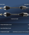 Diagram of pair front CV axle shafts for Honda CRV 2002 to 2009 and Accord 2003 to 2007 L4 2 4L with dimensions and spline counts