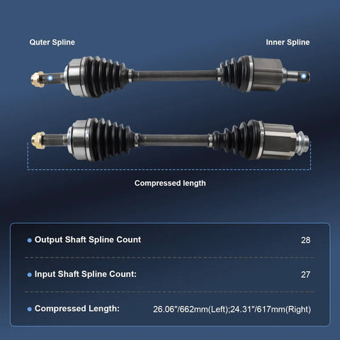 Diagram of pair front CV axle shafts for Honda CRV 2002 to 2009 and Accord 2003 to 2007 L4 2 4L with dimensions and spline counts