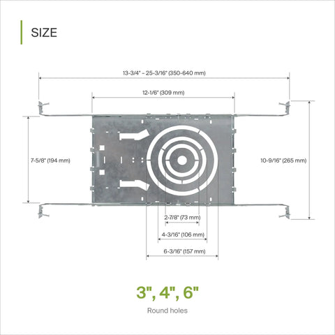 Diagram of 6 Pack New Construction Recessed Light Mounting Plate Kit With Extendable Hanger Bars in galvanized steel showing dimensions.