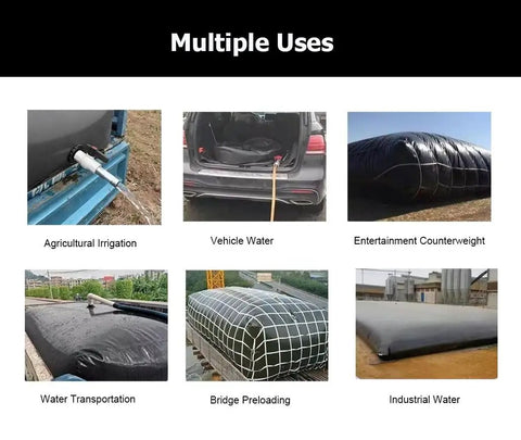 Beefy Foldable Water Tank For Emergency Use 26 Gallon Black PVC Tote shown in multiple uses for diverse applications.