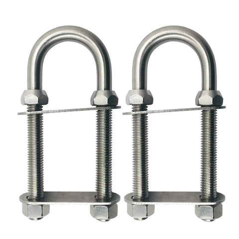 Two M12 stainless steel U-bolts with mounting plates for boat bow eye tie-downs (2 in wide, 5-1/2 in long)