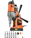 Front view of VEVOR magnetic drill press with orange housing; includes 11 drill bits and accessories.