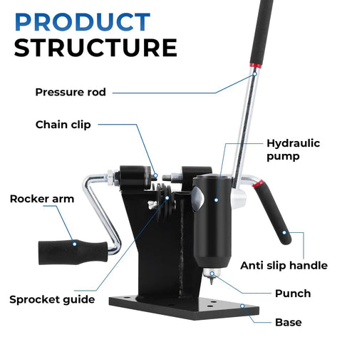 2 In 1 Chainsaw Chain Breaker And Rivet Spinner Tool showing labeled parts like pressure rod and hydraulic pump