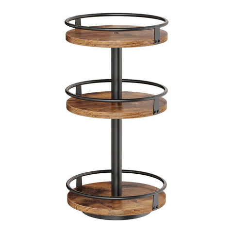3-Tier Lazy Susan Organizer With Rotating Turntable Spice Rack, rustic brown and black finish, vertical storage, side view