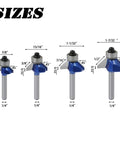 Heavy Duty Workhorse 4 Piece 45 Degree Chamfer Router Bit Set With Quarter Inch Shank And Premium Carbide Tips, sizes displayed.