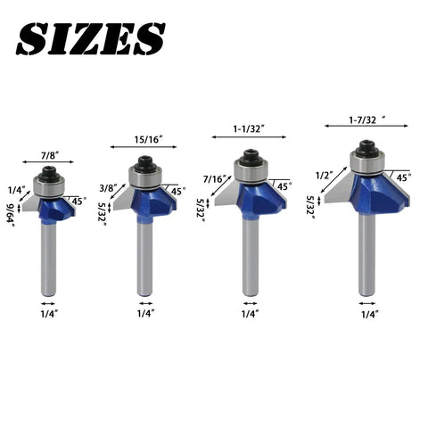 Heavy Duty Workhorse 4 Piece 45 Degree Chamfer Router Bit Set With Quarter Inch Shank And Premium Carbide Tips, sizes displayed.
