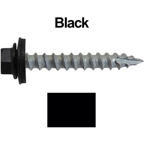 Bulk 250 Heavy Duty Black Hex Washer Roof Screws One And One Half Inch Self Tapping Metal To Wood With EPDM Washer And Color Matched Head Shaft Fourteen Gauge Galvanized For Corrosion Resistance Five Sixteenths Inch Hex Head T17 Point side view showing screw design and black color.