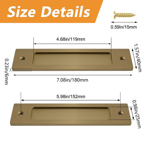 Size details for Rectangular Recessed Sliding Door Pulls 2 Pack Champagne Gold Flush Pull Aluminum Alloy Closet Door Finger Pulls