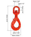 Rock Solid Grade 80 Drop Forged Steel Swivel Self Locking Safety Hook 2 Pack with dimensions and features displayed.