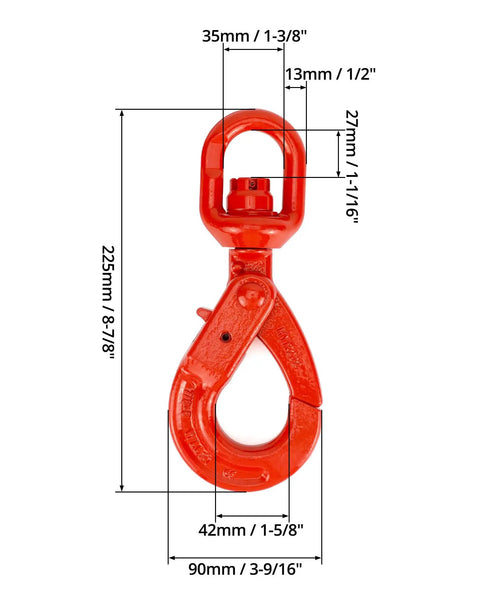 Rock Solid Grade 80 Drop Forged Steel Swivel Self Locking Safety Hook 2 Pack with dimensions and features displayed.
