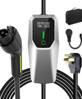 Portable Two In One Level 1 And Level 2 Electric Charger 32 Amp Adjustable 240 Volt Plus 110 Volt Support 26 Feet Cable Nema 14-50 Adapter with display and connectors.