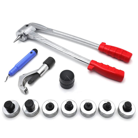 7 Lever Tube Expander Set For Plumbing And HVAC, 7 Die Head Swaging Kit For Copper Brass Aluminum Tubing, tools displayed.