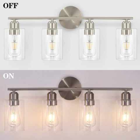 Four Light Bathroom Vanity Light Fixture In Brushed Nickel Finish With Clear Glass Shades Wall Mount Over Mirror Hardwired Easy Install And Up Or Down Mount For A Fresh Modern Look