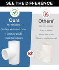 Comparison of Sixteen Pack 1 Inch Tee PVC Fittings 3 Way Furniture Grade Pipe showing UV resistance and furniture grade quality.
