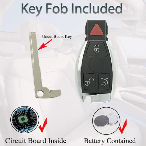 Mercedes Key Fob Replacement For 1997 2014 C Class E Class S Class G Class M Class R Class Sprinter 300 Series Remote Control Key FCC ID IYZ3312 IYZDC Easy To Program High Compatibility Durable Build showing 4-button fob, uncut key, and battery