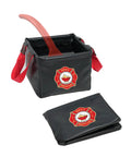 Collapsible Water Bucket For Grill Cleanup And Outdoor Adventures, ultra durable, foldable with red handles and a fire rescue emblem.
