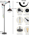 Diagram showing Stepless Dimmable Industrial Floor Lamp with Pulley System, 74" height, deep bronze finish, rotary switch, 0-100% dimmable.