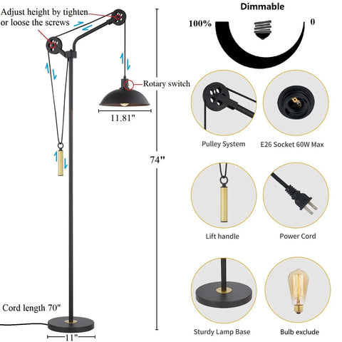 Diagram showing Stepless Dimmable Industrial Floor Lamp with Pulley System, 74" height, deep bronze finish, rotary switch, 0-100% dimmable.