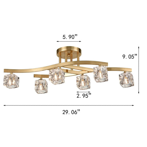 Modern Crystal Ceiling Light Fixture With Brushed Nickel Finish And Ice Cube Glass Shades, 6 Light Semi Flush Mount for living rooms