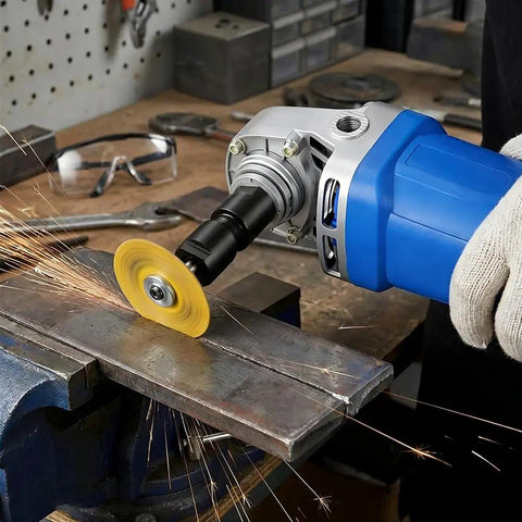 Two Pack Versatile Angle Grinder To Die Grinder Adapter Kit with Five Eighths Eleven Thread in use for metal grinding.