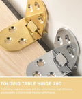 4 Pack Golden Zinc Alloy Folding Table Hinges for Sewing Machine Trays and Jewelry Boxes with 180 Degree Rotation on wood surface
