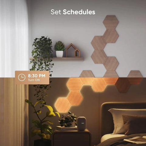 Wood Look Hexagon Smart Wall Lights That Sync With Alexa And Google Assistant on bedroom wall above plants and shelf.