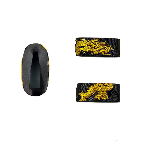 Katana Tsuba Set Alloy Samurai Sword Guard With Gold And Black Dragon Finish, electroplated hand guard, view of detailed dragon design.