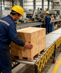 Man loading wooden box onto Stainless Steel Expandable Roller Conveyor Packs Hella Tough 900 Pound Load Capacity for warehouses.